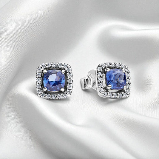 925 Sterling Silver Blue Halo Stud Earrings