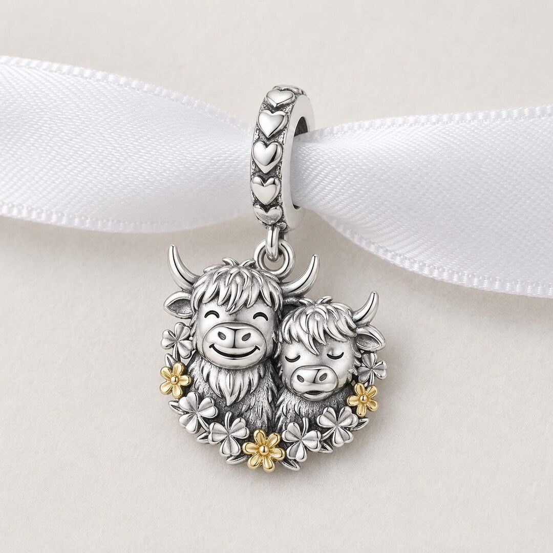 925 Sterling Silver highland cow Mother & Baby Calf Floral charm